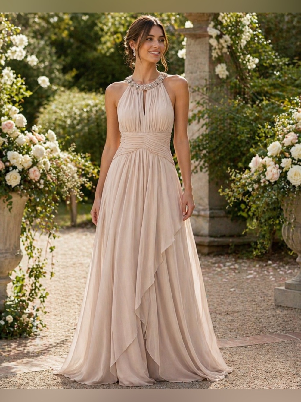 Eliza J Light Creamy Tan Neutral Beaded Neck Sleeveless Maxi Dress 4